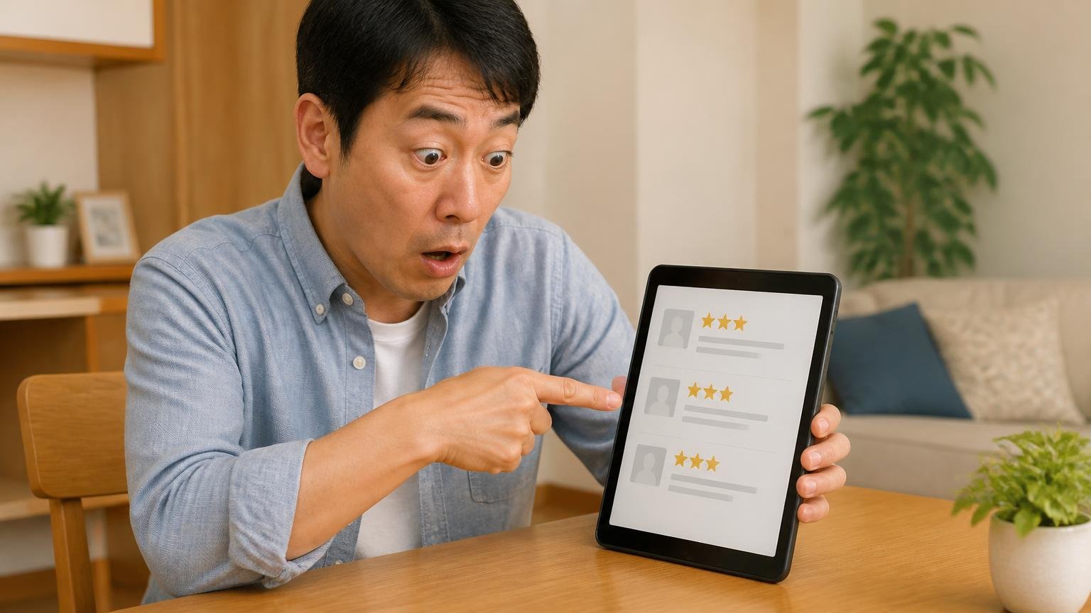 ★3の3件に不満の記述なし。自宅の食卓でタブレットの口コミ画面を指さす40代男性が意外そうな顔