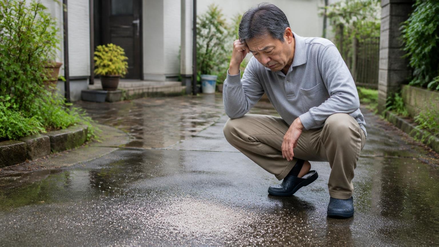 雨で効果が終わったという報告|雨上がりの住宅の敷地内で50代男性が濡れた地面の忌避剤を見つめて肩を落とす