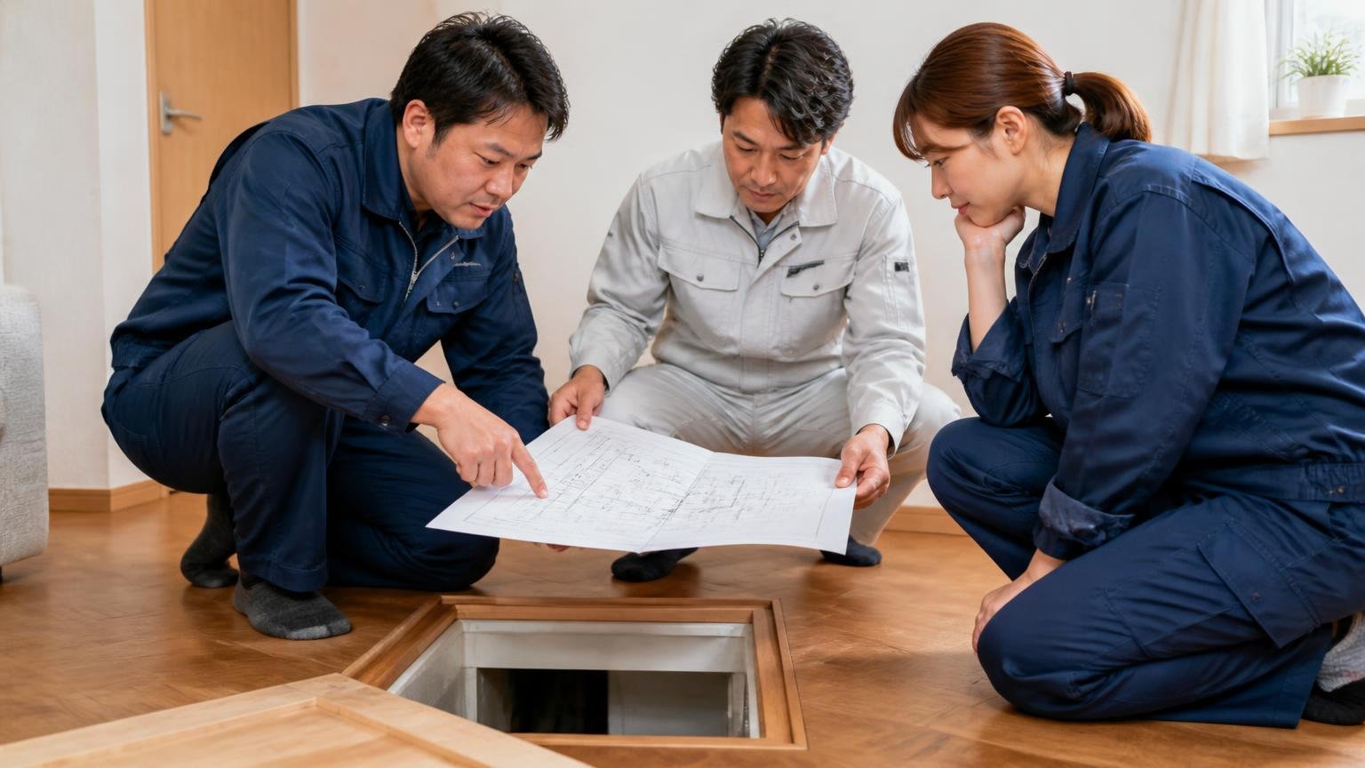 4つの工程を順番どおりに見る。住宅の床下点検口の前で作業員3人が図面を広げ手順を確認し合う