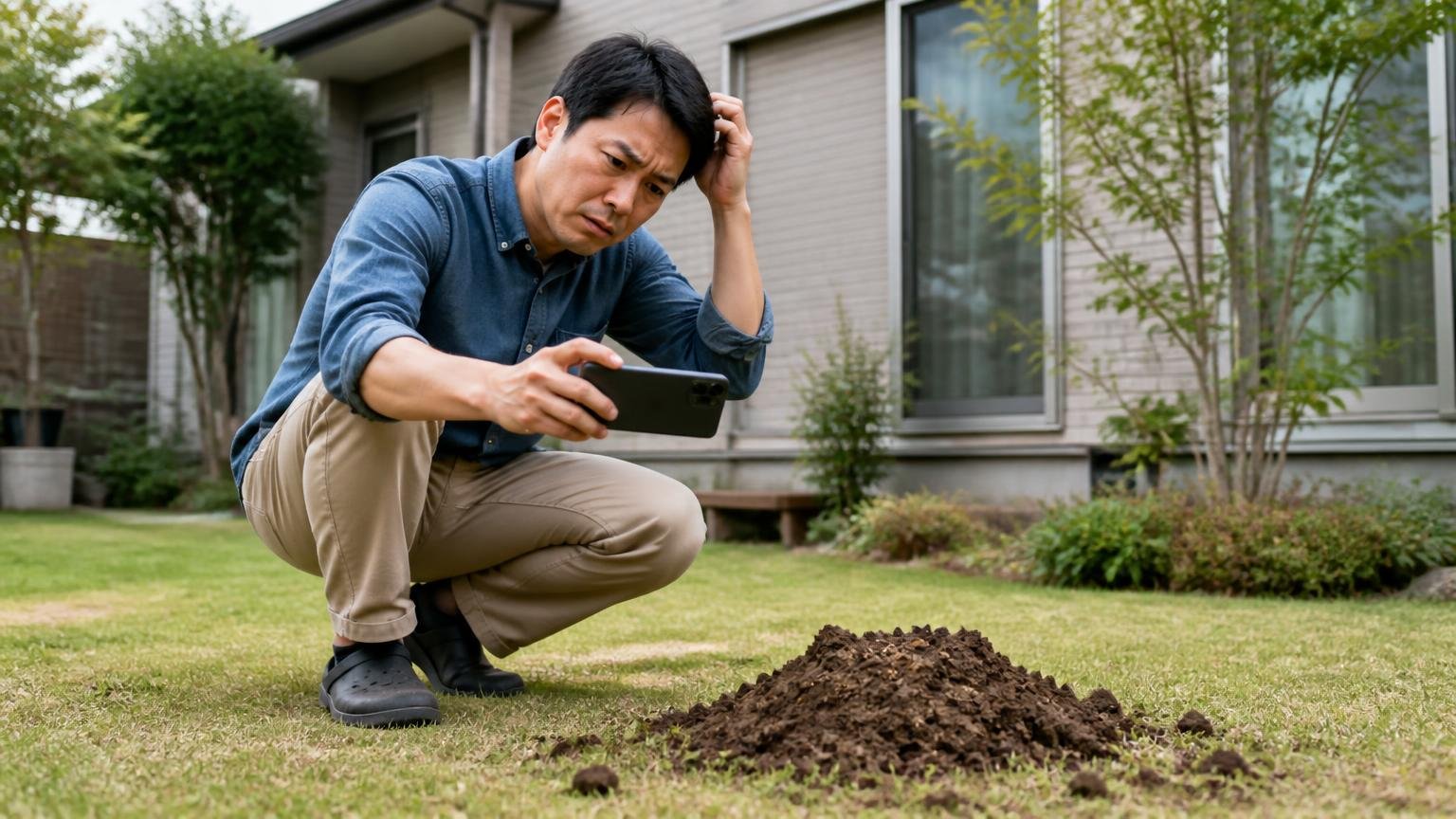 塚が減った=成功とは限らない、戸建ての庭のモグラ塚の前、男性1人、スマホで写真を撮りながら首をかしげる