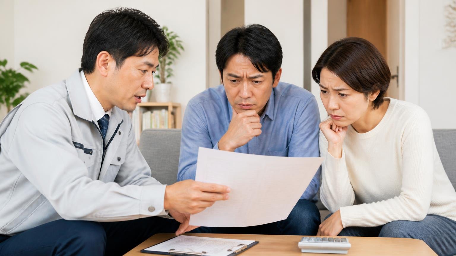 不満は説明と接し方に集中する。リビングで作業員と打ち合わせ中の夫婦2人が見積書に眉を寄せる