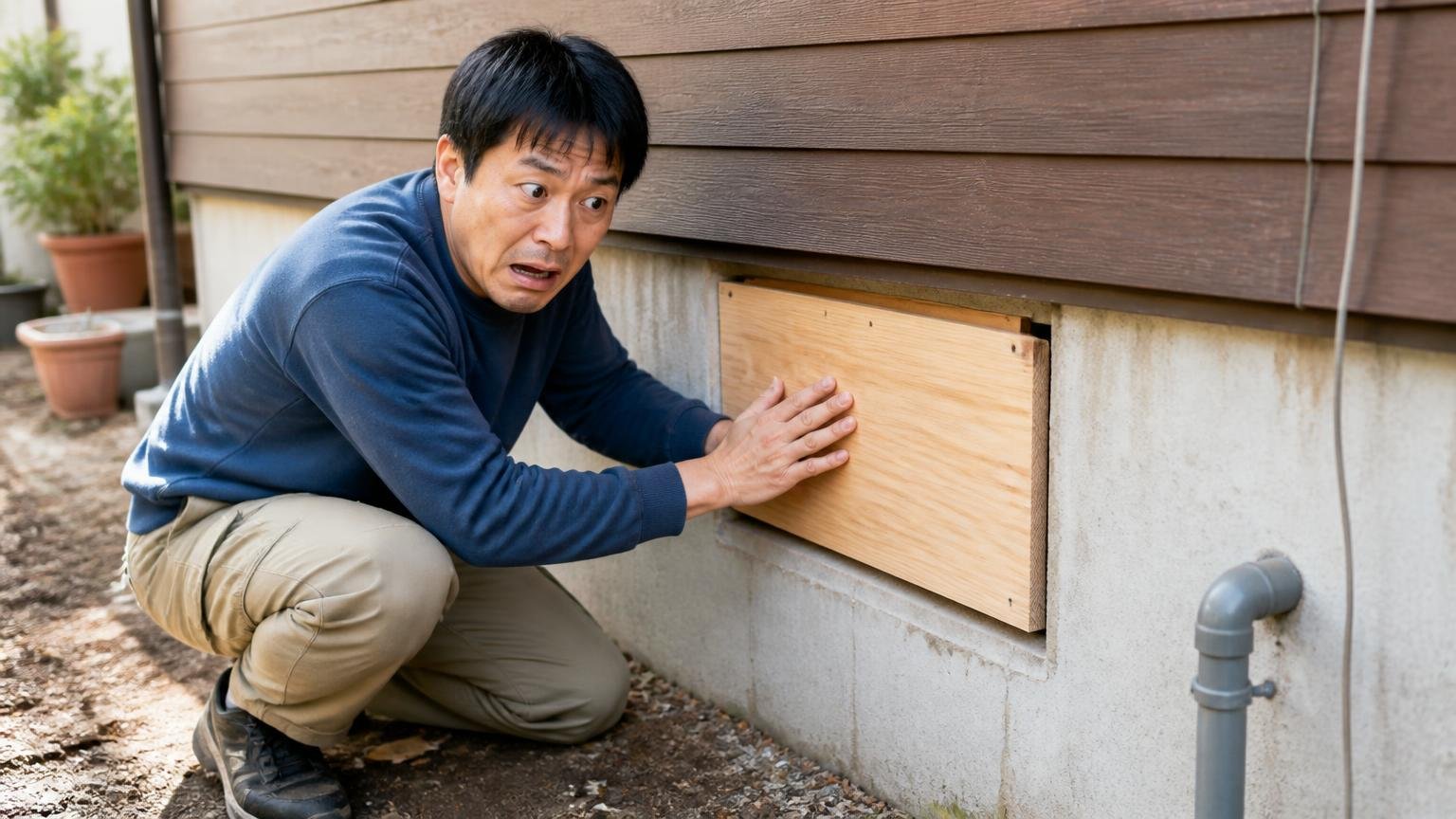 追い出す前にふさぐと閉じ込める 木造戸建ての外壁まわりで点検 住人1人が板を当てた手を止め青ざめる