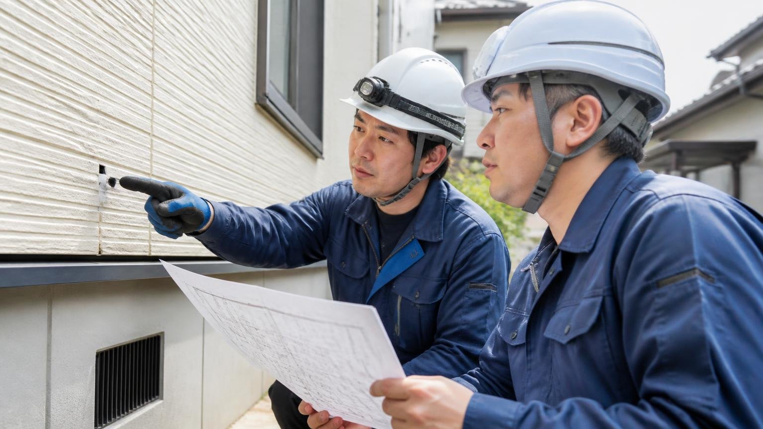 プロの作業順番は調査から封鎖清掃まで。住宅の外壁で作業員2人が図面を手に侵入口を指さし確認する