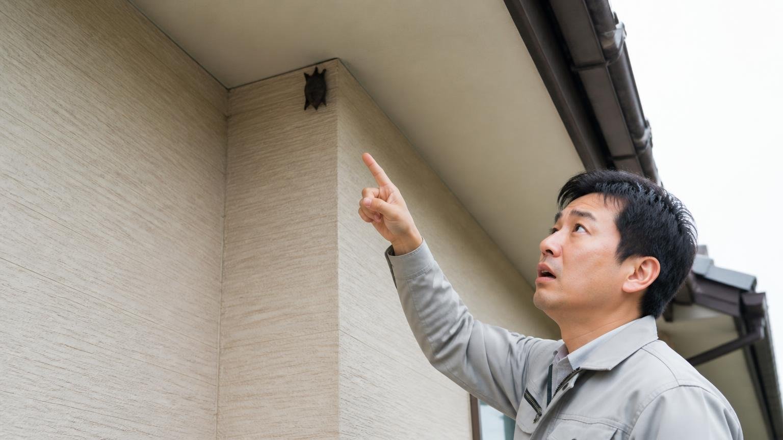 張る場所がコウモリの止まる位置とズレている|住宅の軒下と外壁の入隅|男性1人が真上を見上げて指さす