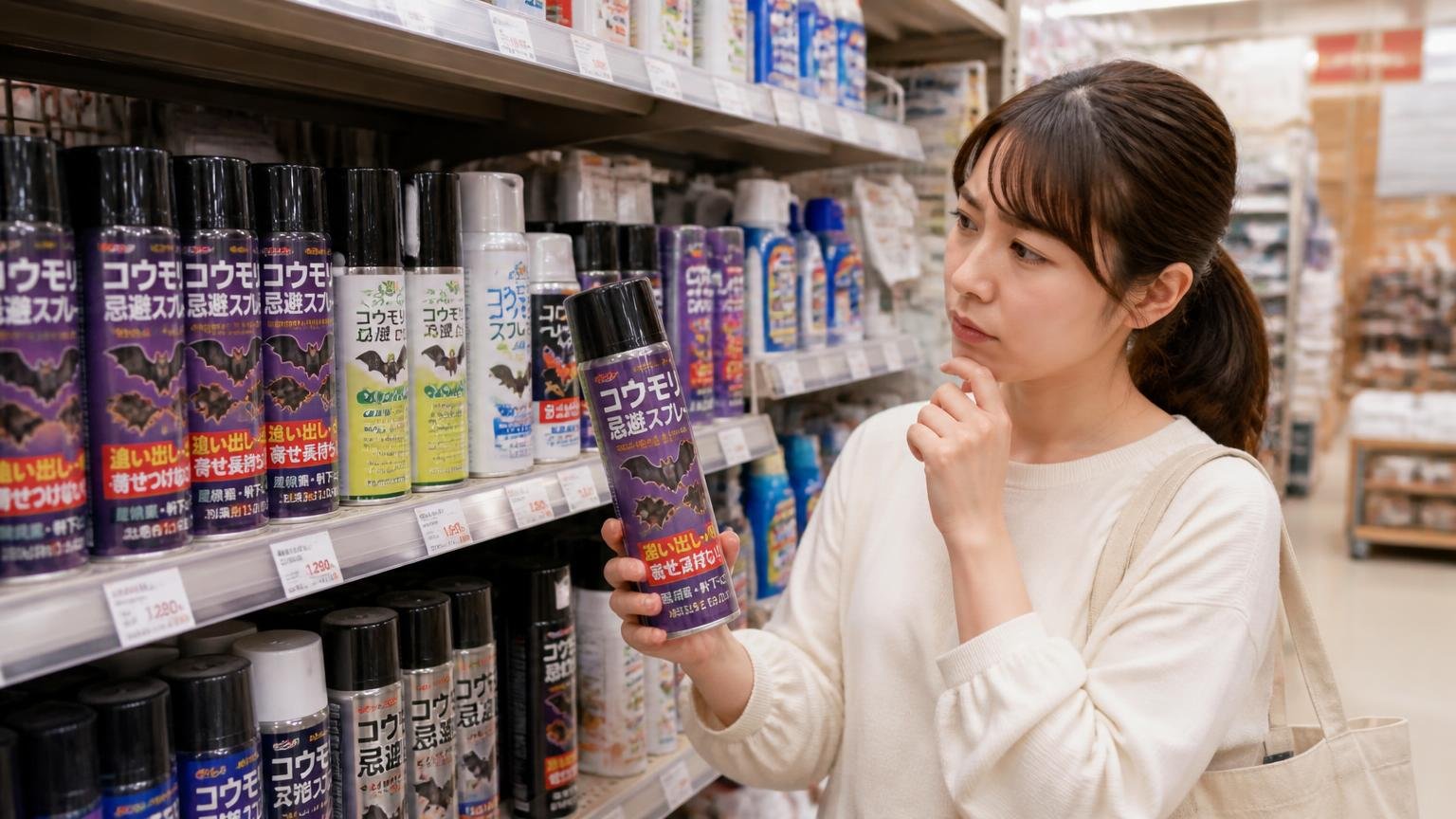 コウモリ用として売られている忌避スプレー|ホームセンターの売り場で女性1人が商品棚を見比べる
