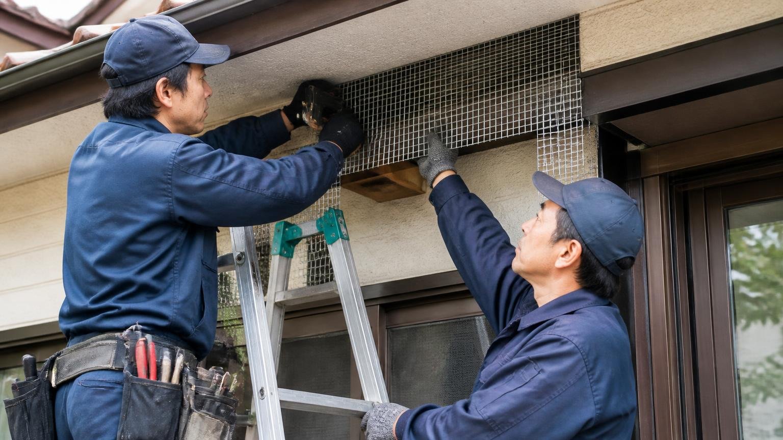 追い出したあとに侵入口を塞ぐ|住宅の軒下にはしごをかけ隙間を金網で塞ぐ作業員2人が真剣な表情で作業する