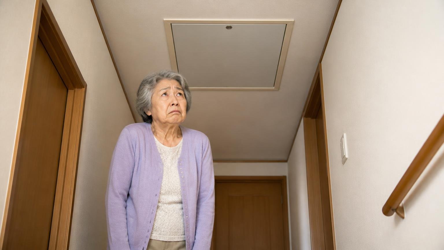 屋根裏にコンセントがない家。廊下の天井の点検口を見上げて立ち尽くす70代女性が困り顔で肩を落とす