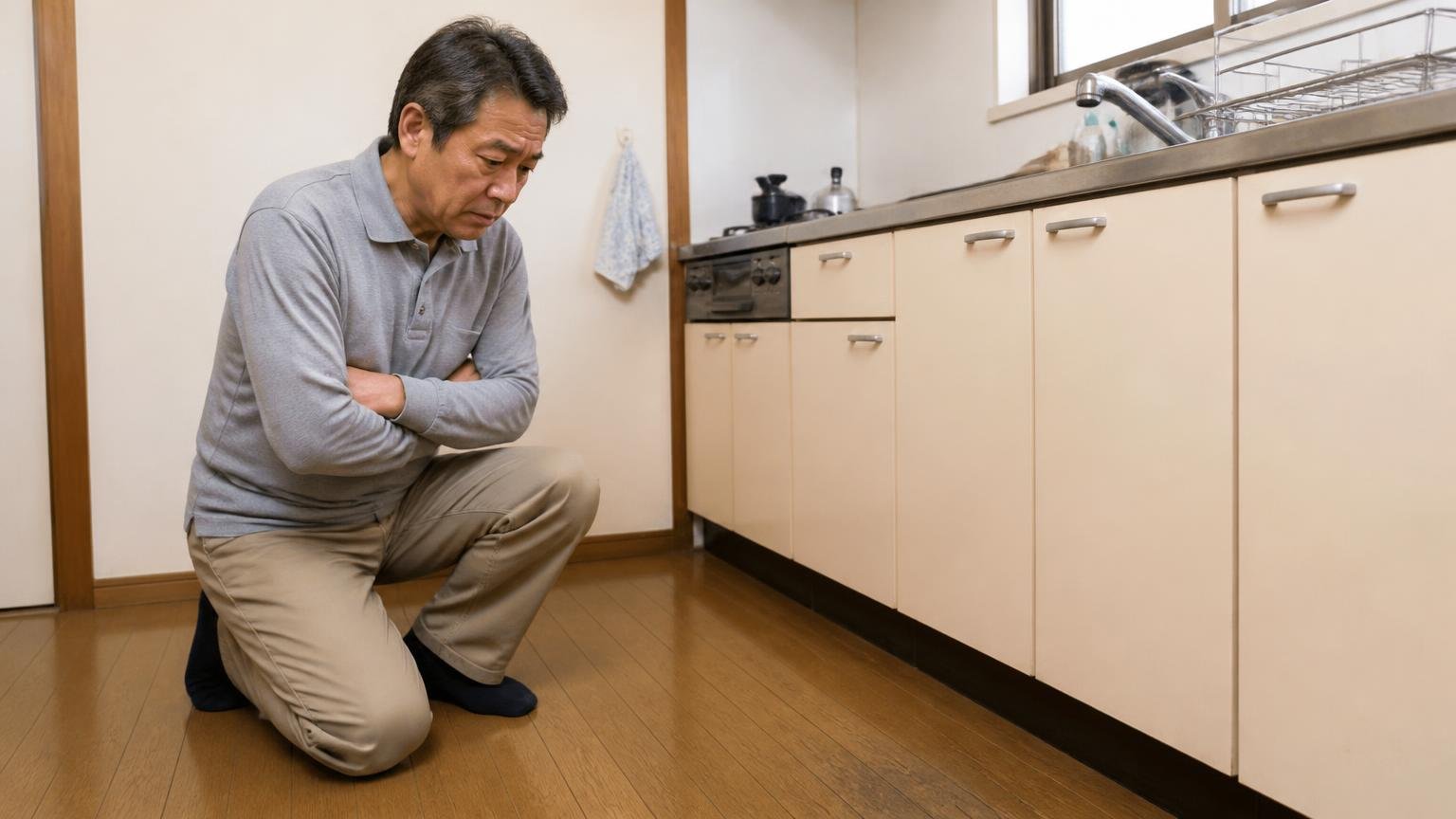 実際の低評価レビュー 木造住宅の台所で床の隅を見つめため息をつく50代男性が腕を組む