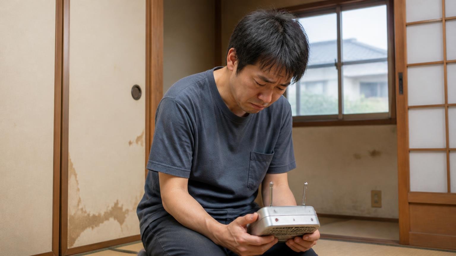 効果がなかった★1の声 古い戸建ての和室で男性1人が装置を手にうつむき肩を落とす