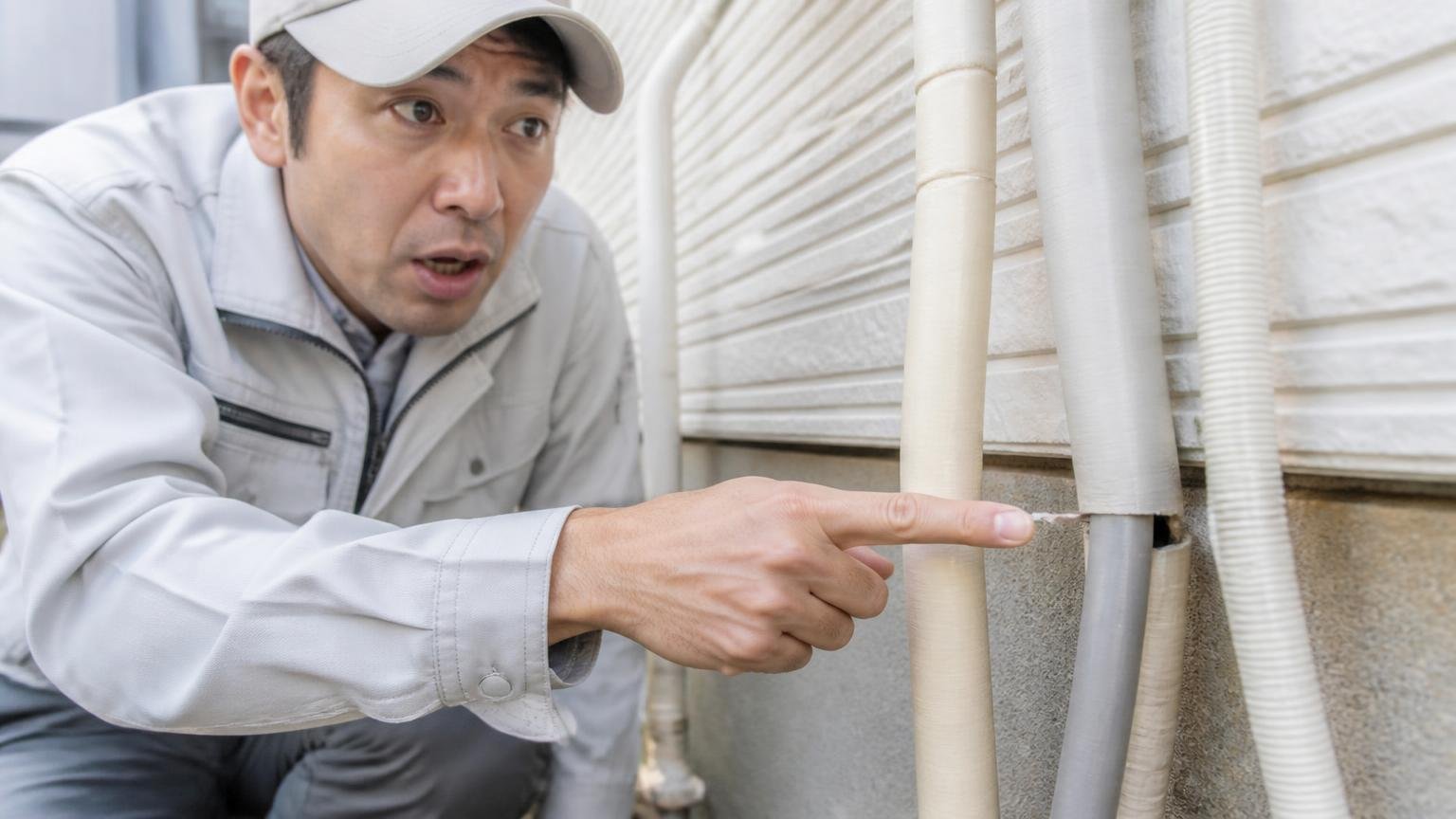 外から新しい個体が入ってくる 家の外壁まわりの配管の隙間 作業員1人 わずかな隙間を指さして説明する