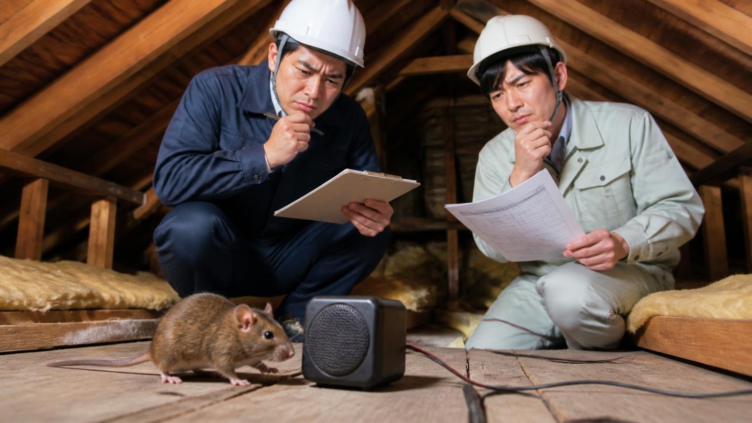 ネズミは音に慣れる 実地テストが示したこと 屋根裏 作業員2人 記録用紙を手に難しい表情