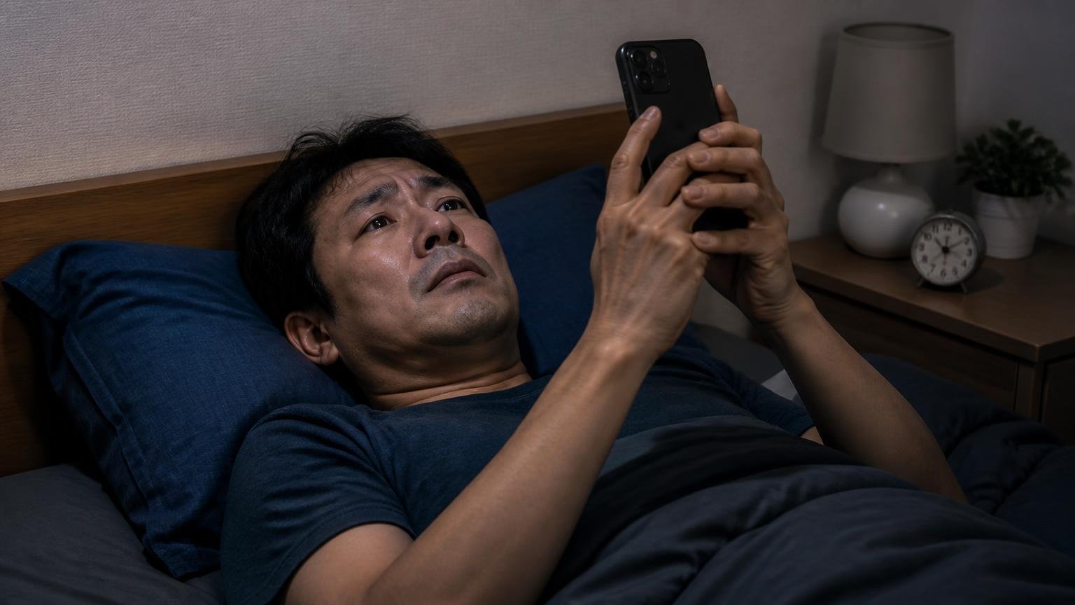 情報が少ないという指摘 深夜の寝室で天井を見上げながらスマホを握る木造戸建ての寝室 40代男性1人 眠れず不安そうな表情