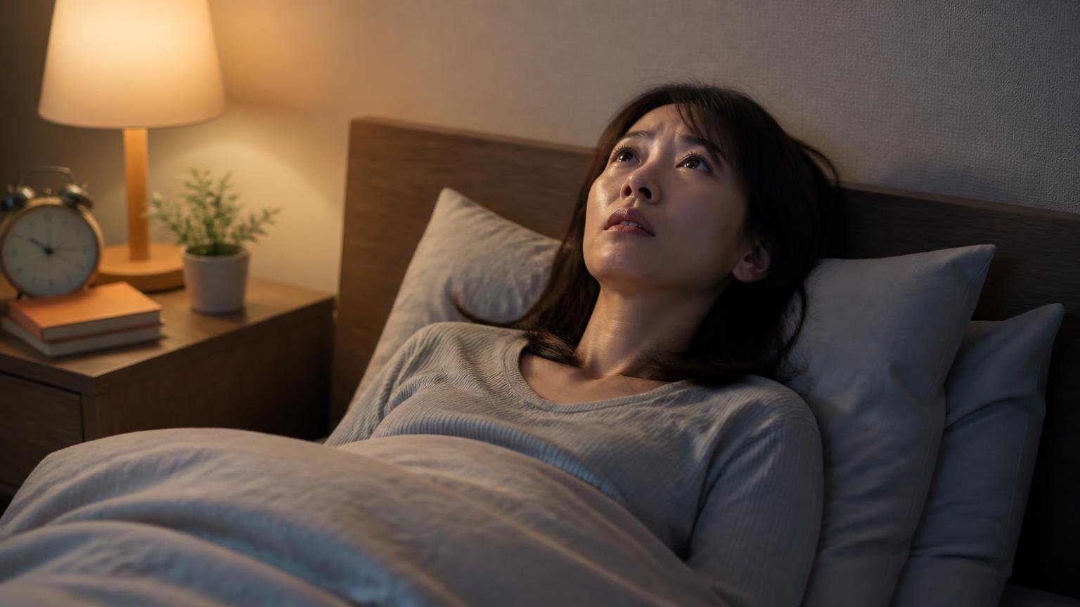 一度静かになったのにまた鳴り始めた。深夜の寝室で天井を見上げ肩を落とす30代女性