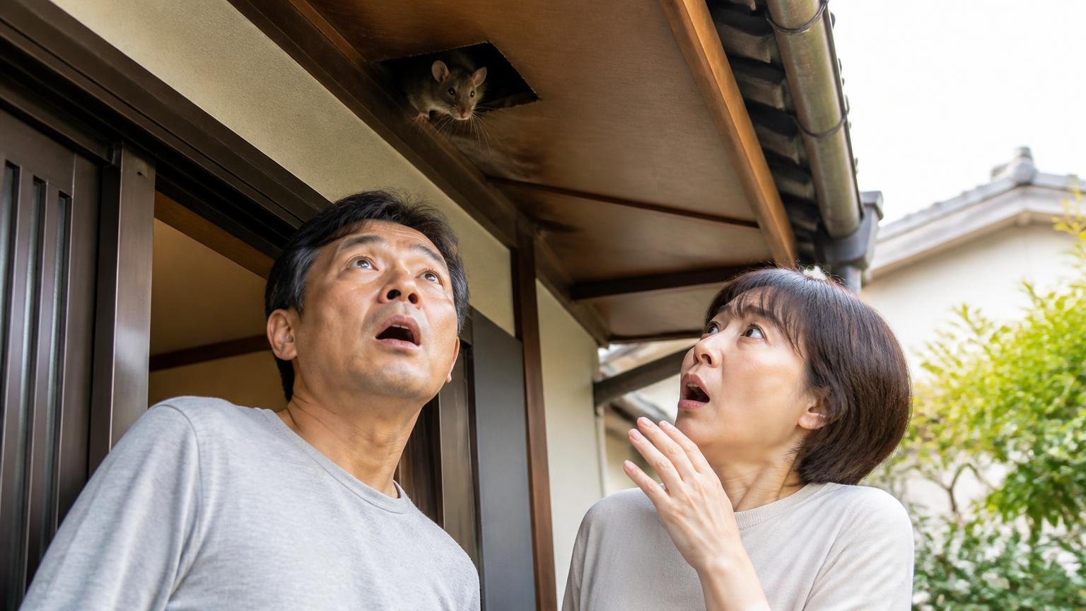 天井裏にいるのは本当にネズミか｜屋根の軒下を見上げる玄関前で男女2人が驚いた表情