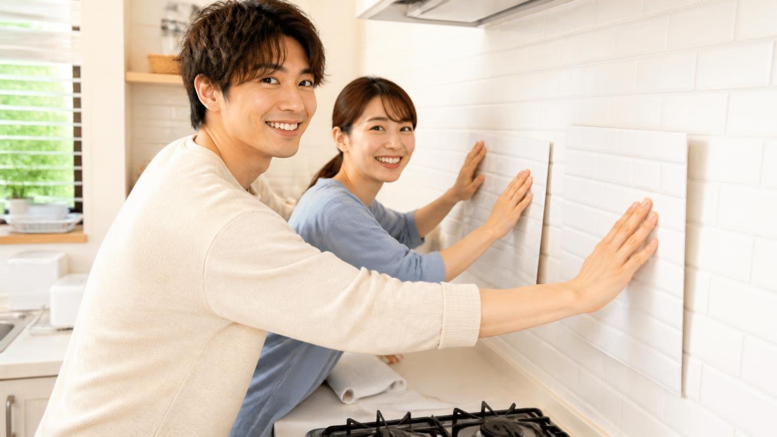 向いている家の特徴。築浅の住宅の台所で壁ぎわに粘着シートを並べる夫婦2人が前向きな表情