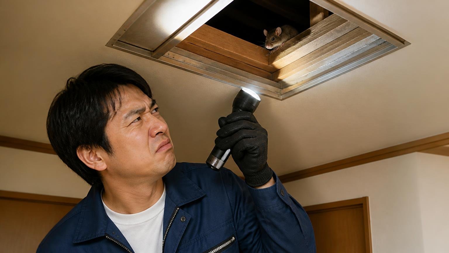相手がわなにかかりにくいネズミだった。天井裏の点検口を懐中電灯で照らす男性1人が眉をひそめる