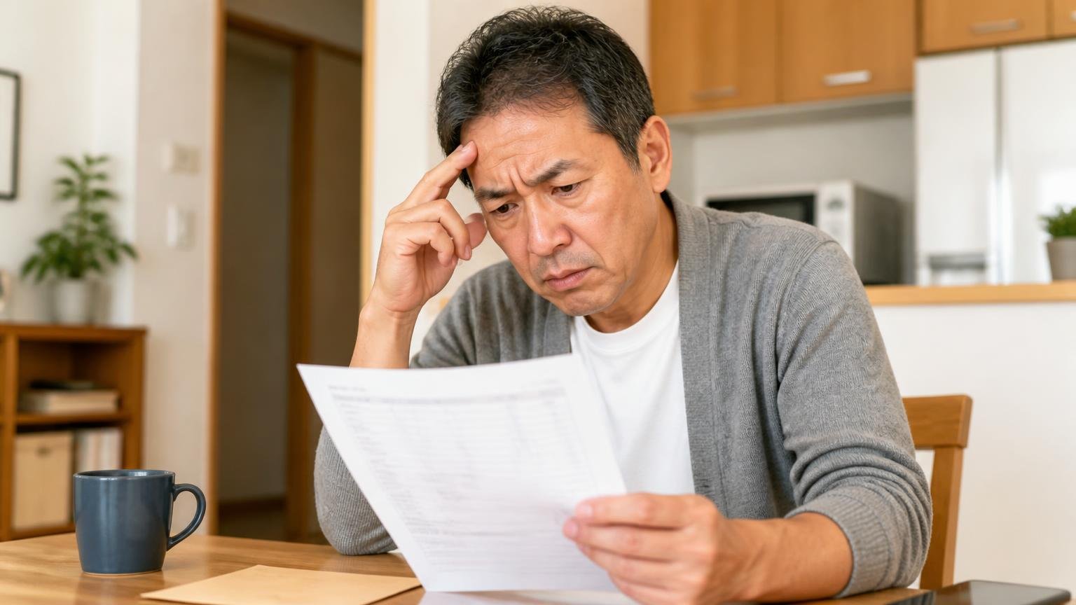 思っていたより費用がかかった声|ダイニングで見積書を手に眉を寄せる50代男性1人