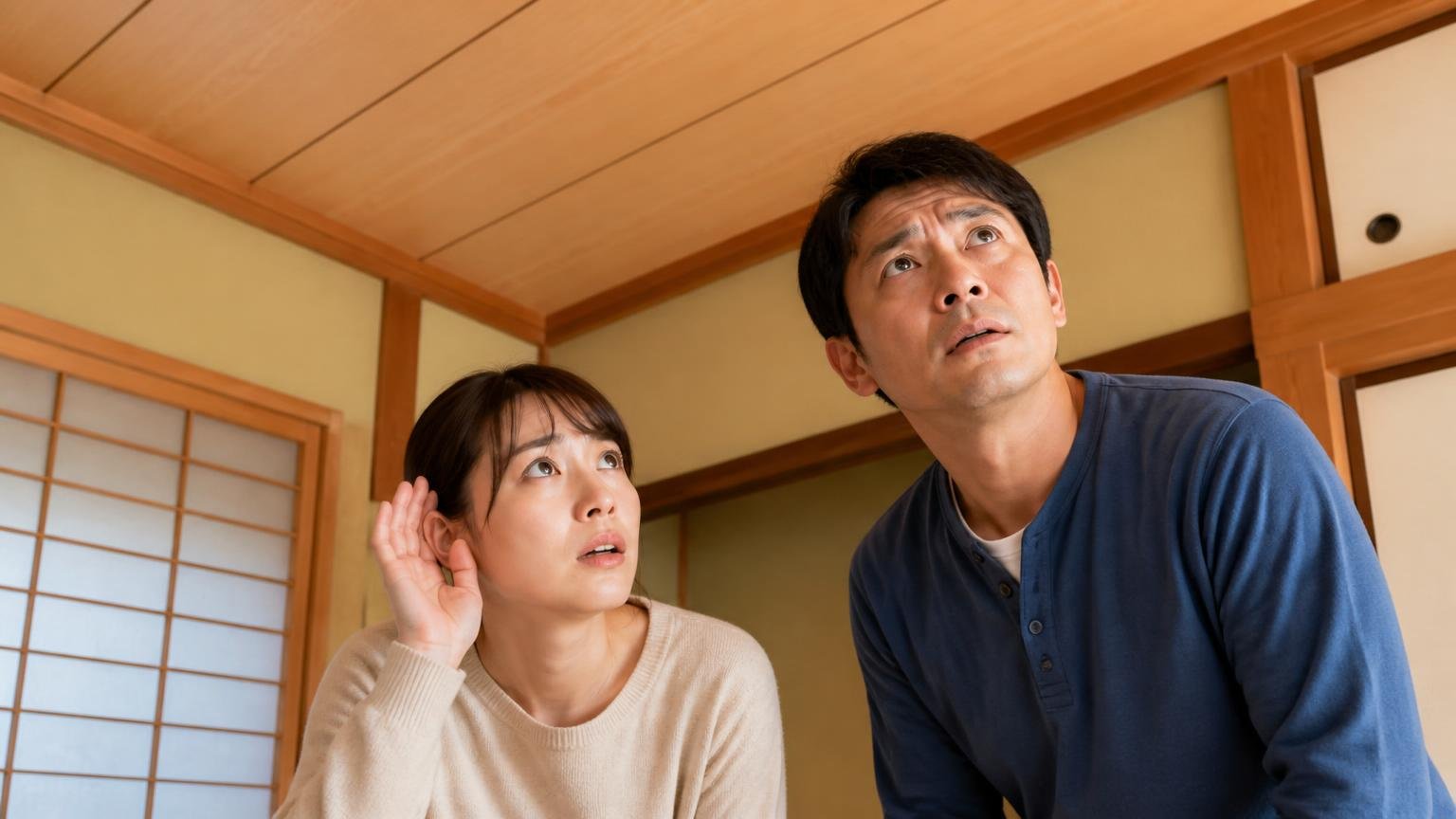 天井裏の音の主がイタチやハクビシンなら殺鼠剤は効かない、木造戸建ての和室で天井を見上げる30代女性と40代男性が足音に耳を澄ます