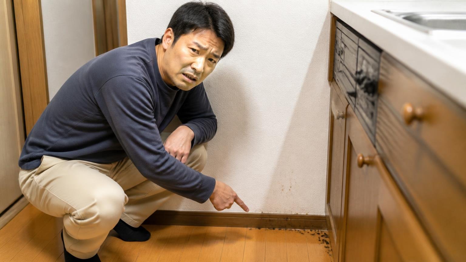 通り道を探し餌を片づける 木造戸建ての台所の壁際で 男性1人が しゃがんで黒い汚れを指さす