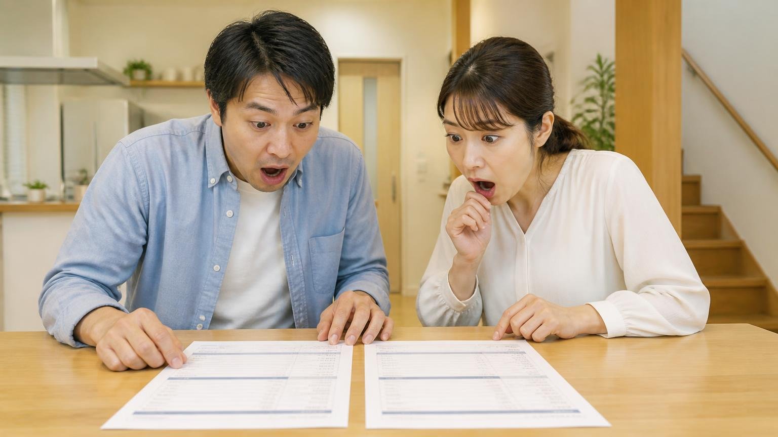 実際に払った人の金額。戸建てのダイニングで2枚の見積書を並べて見比べる夫婦2人が、口を開けて驚いた表情