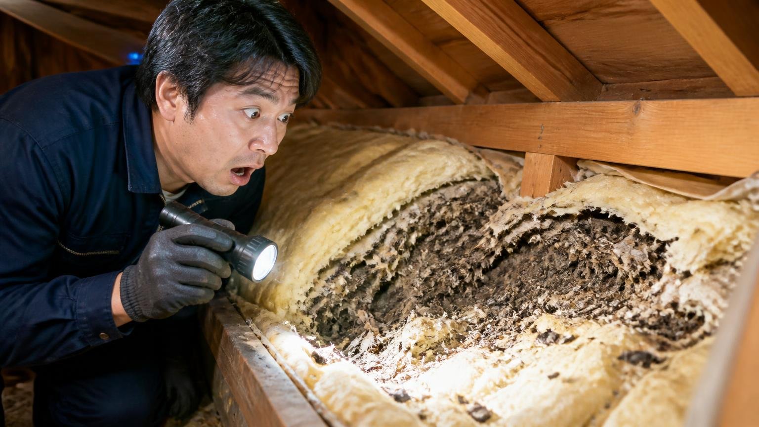 すでに住み着かれた後だった・木造戸建ての天井裏の断熱材に残る巣の跡・作業する人1人・懐中電灯を向けて言葉を失う
