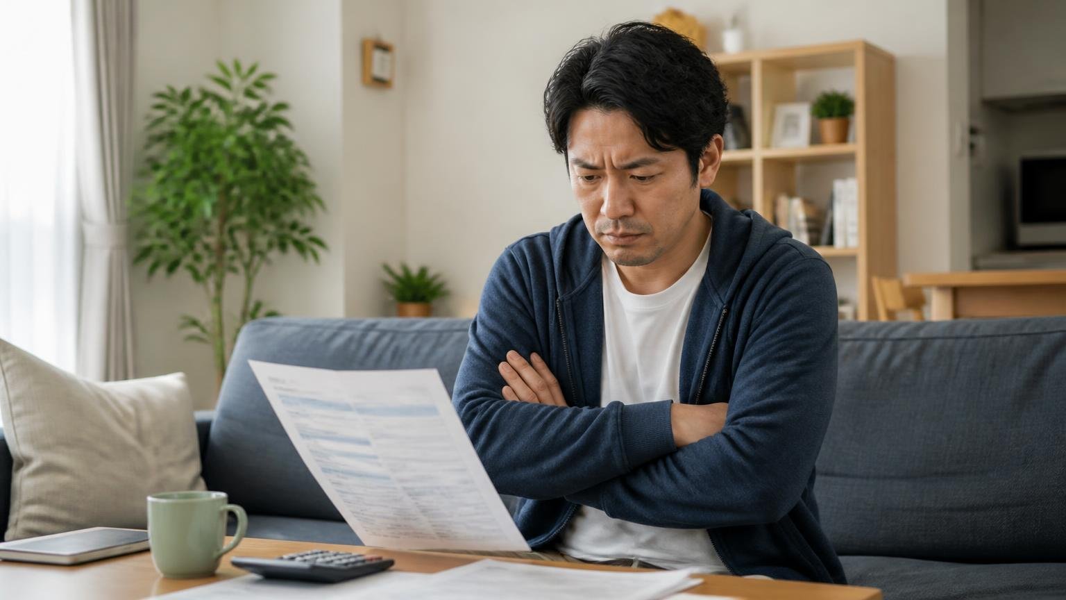 相場より値段が高い気がするという不満 リビングで請求書を見る住人1名 腕を組んで納得できない表情
