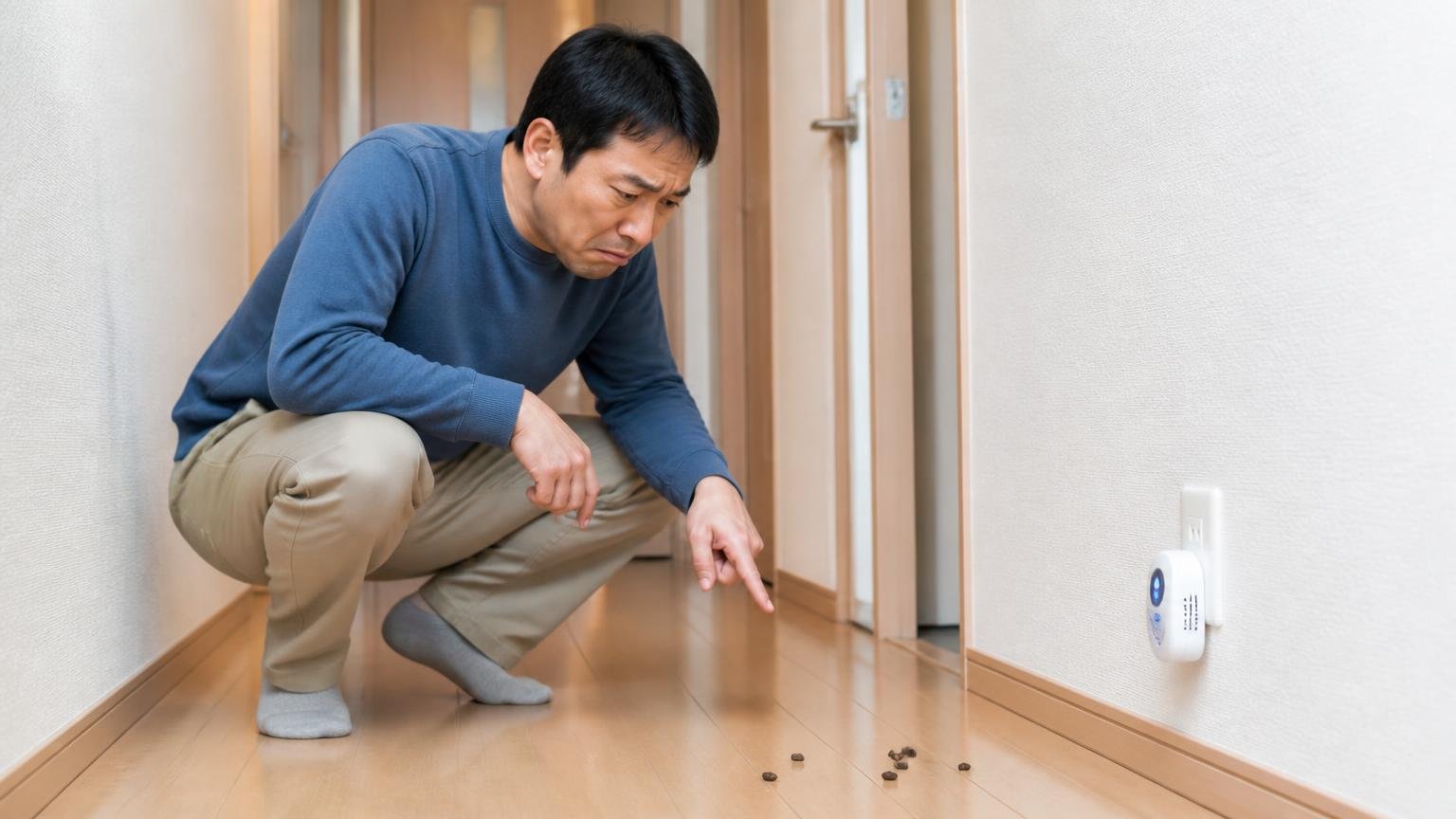 設置後もフンを見つけて落胆する場面 住宅の廊下の床 40代男性が床を指さし肩を落とす表情