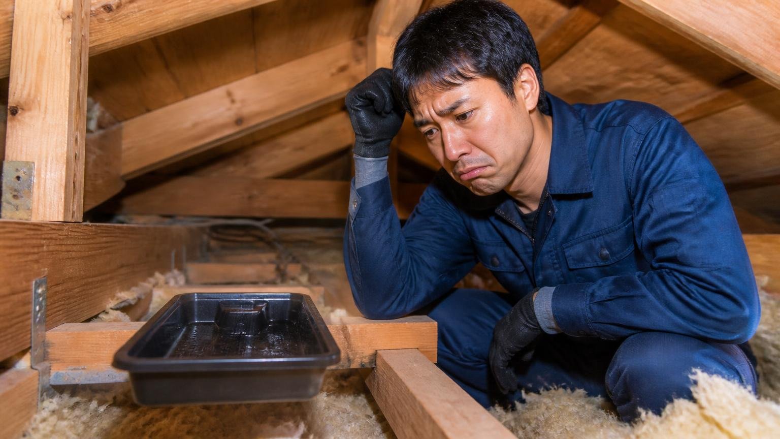 そもそもネズミが食べてくれない/木造戸建ての天井裏で男性1人が手つかずのトレーを見て肩を落とす