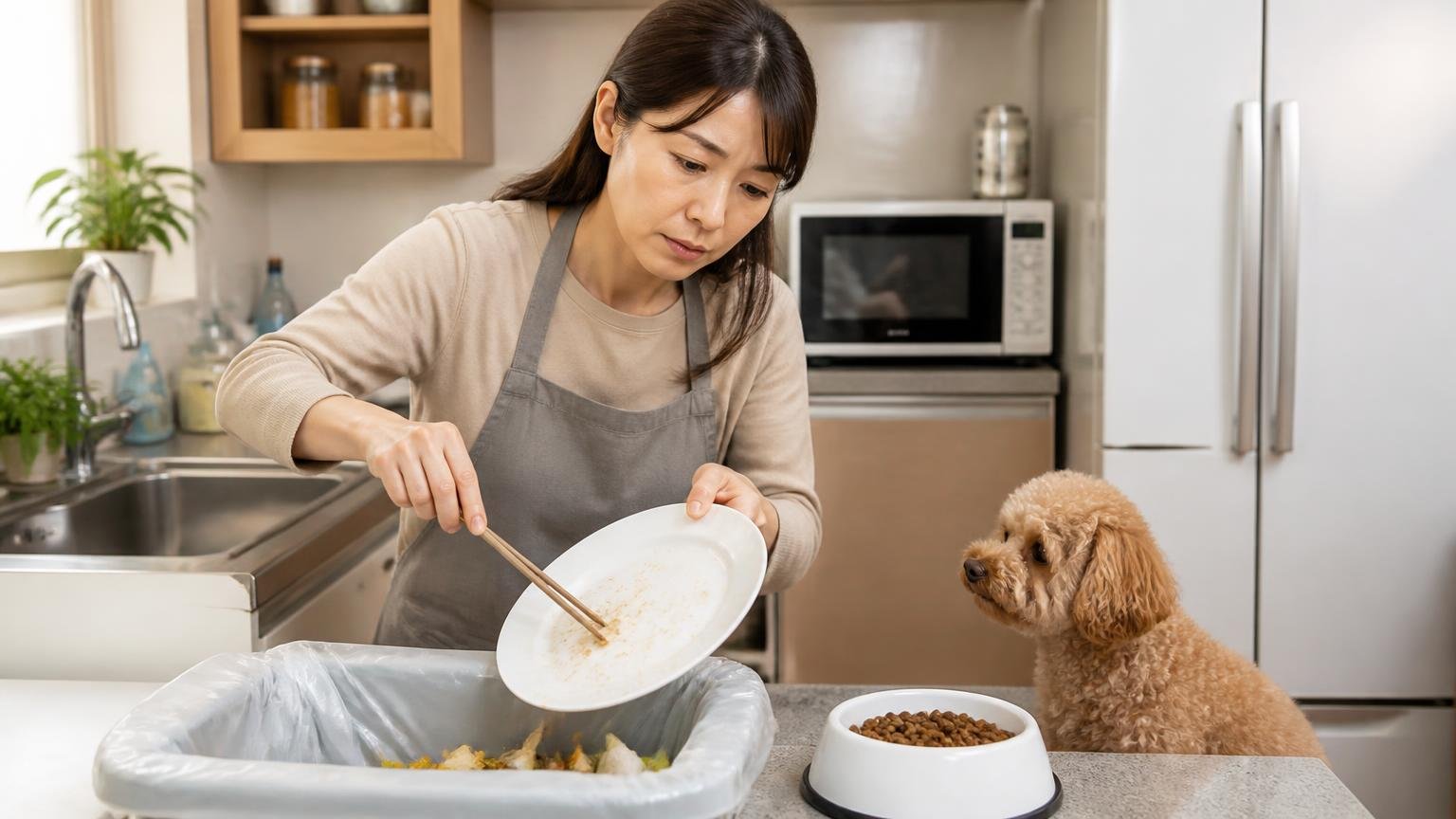 家の中のごちそうを片づける。戸建てのキッチンで生ゴミとペットフードを片づける女性1人が真剣な表情