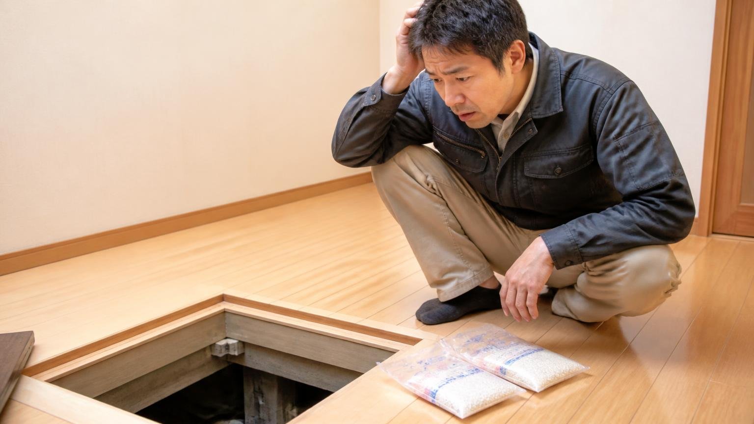 ★1と★2はほぼ全部が食べなかったという報告。住宅の床下点検口の前で40代男性が手つかずの薬剤袋を見つめている