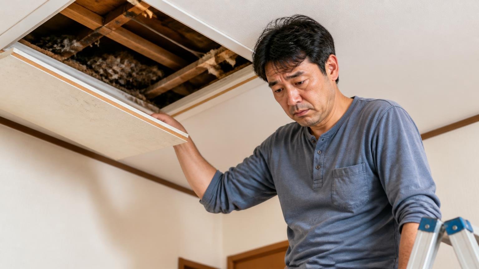 燻煙剤や粘着シートを2ヶ月それでも終わらなかった。天井裏の点検口を開けて肩を落とす40代男性