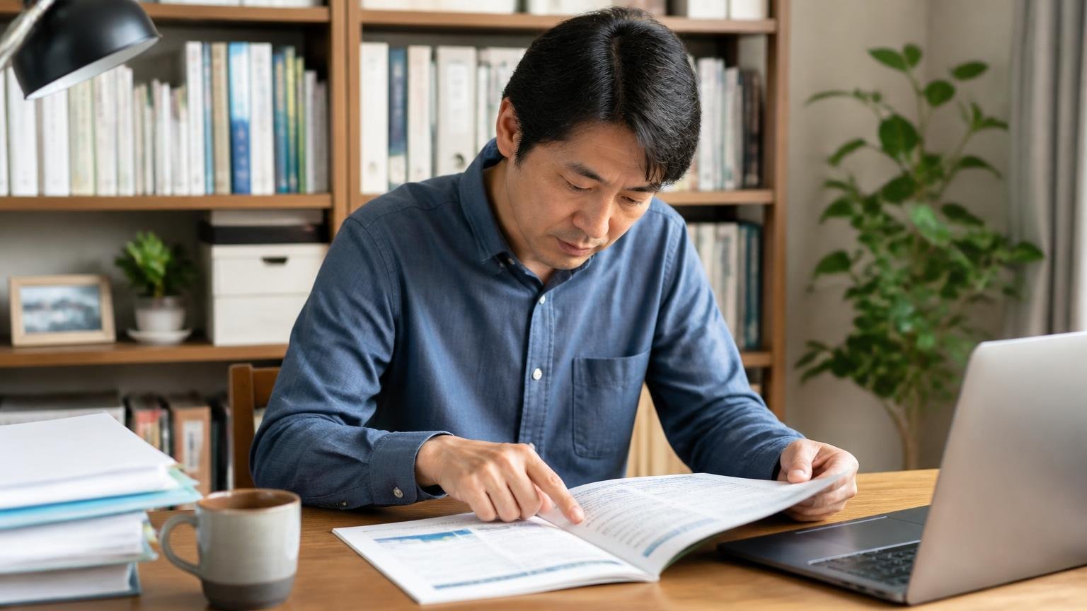 家ねずみ3種は鳥獣保護管理法の対象外です|自宅の書斎で自治体の資料を確認する|40代男性1人|資料を指でなぞる