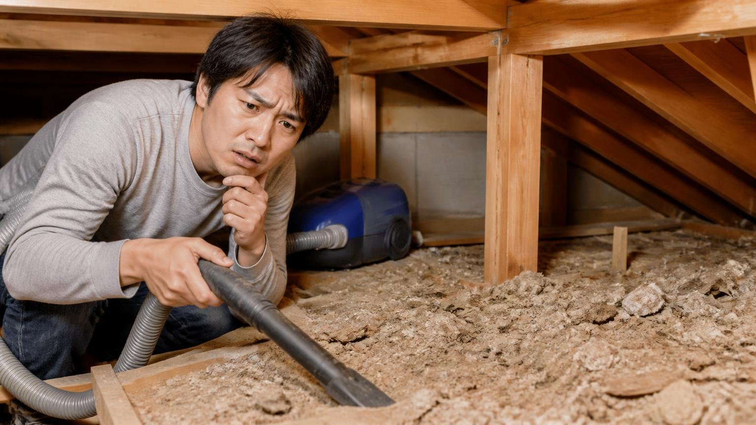 掃除機で一気に吸いたくなる気持ち。木造戸建ての天井裏で掃除機を手にした住人1人が迷った表情
