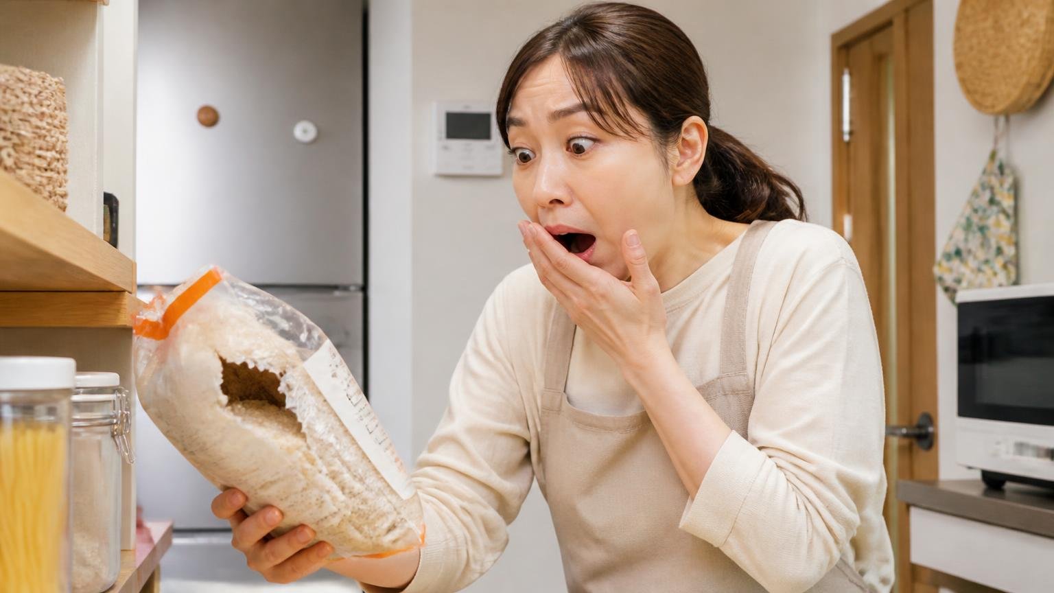 ネズミの侵入サイン。木造戸建ての台所で食い破られた食品袋を見つけた30代女性1人が驚く