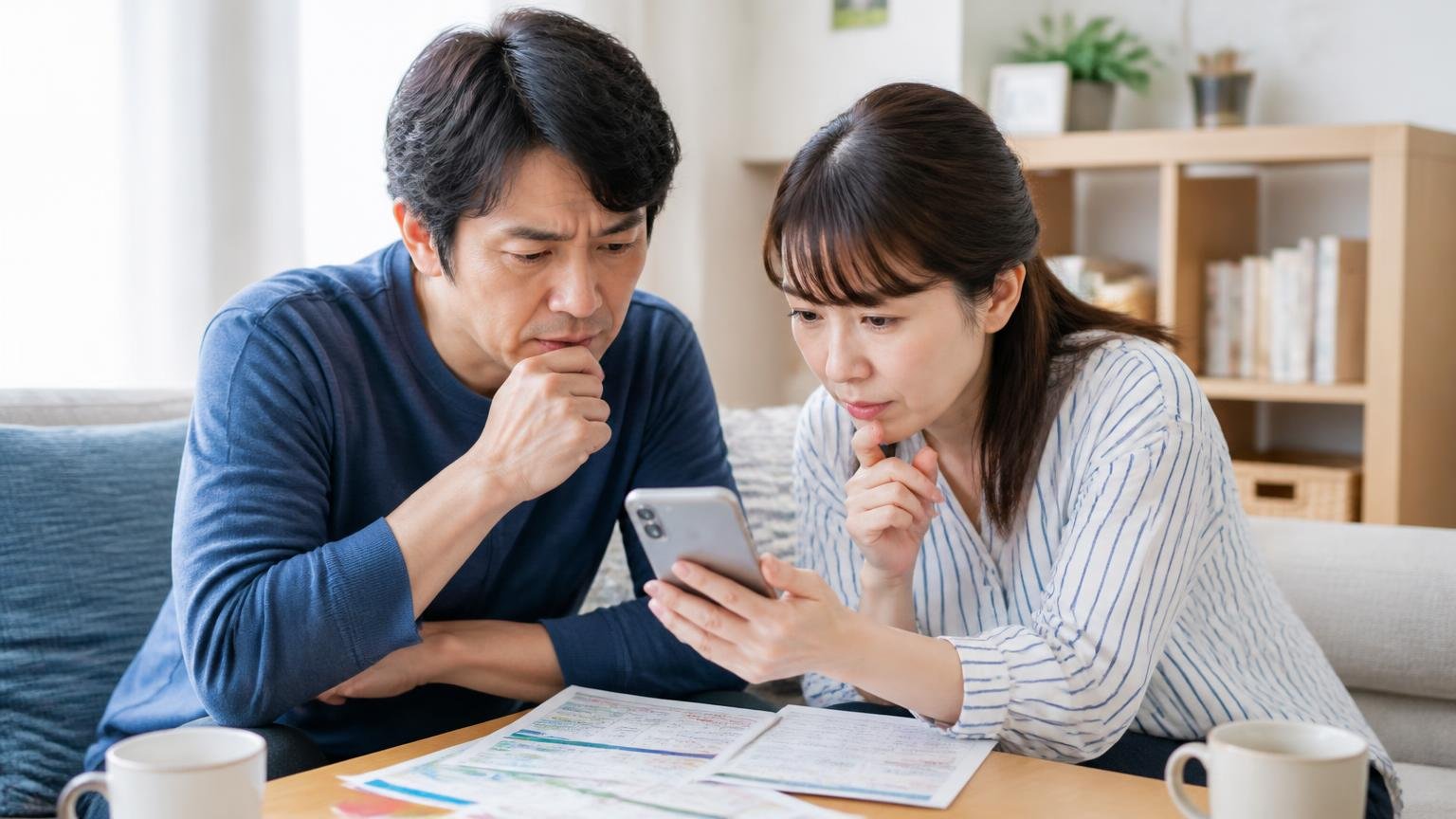 許可なしにできることできないこと。自宅リビングで男女2人が自治体の資料をスマホで調べ確認する