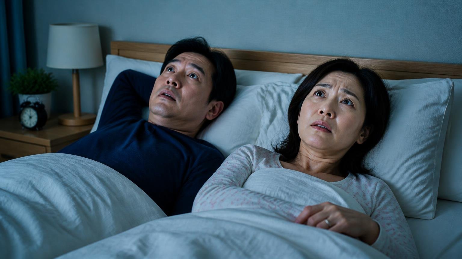 減っても音が続く。夜の寝室で天井を見上げ不安な表情を浮かべる夫婦2人