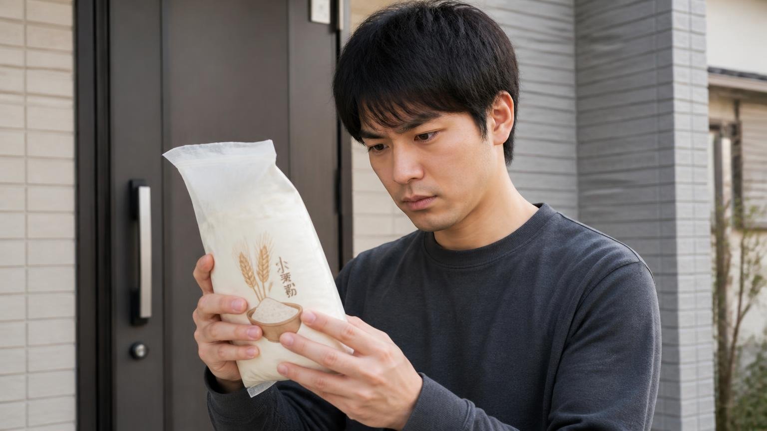 粘着シートから剥がす手順は存在する。玄関前で20代男性が小麦粉の袋を手に真剣な表情