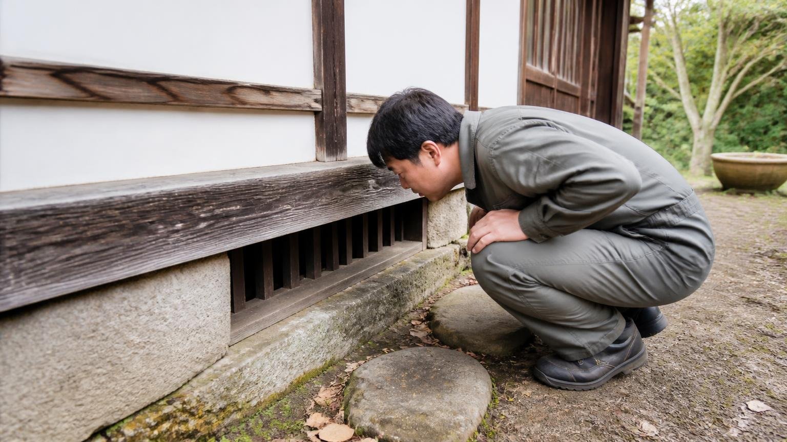 足元まわり:床下の通気口と土台まわりのすき間。古民家の外周でしゃがんだ男性1人が床下通風口をのぞき込む