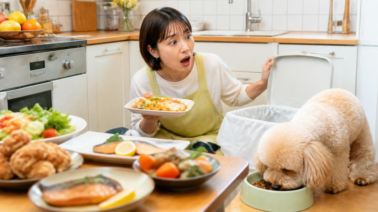 周りにもっとおいしい食べ物がある、住宅の台所で女性1人が生ゴミとペットの餌を片づけながら驚く