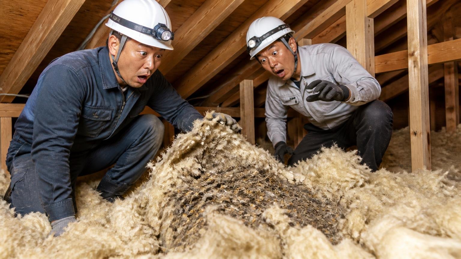 天井裏の繊維系断熱材はネズミの巣材になる 木造住宅の屋根裏 作業員2人が盛り上がった断熱材を見つけて驚く