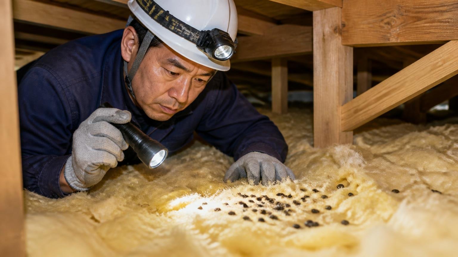 軽い音ならネズミやコウモリの可能性。木造戸建ての天井裏で作業員1人が断熱材の上のフンを照らし確認する場面