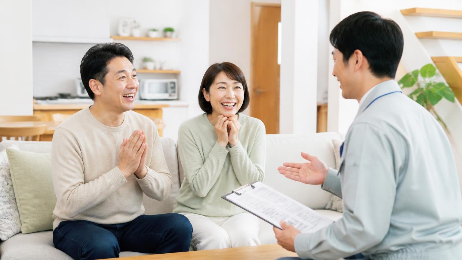 業者が調べたらネズミではなかった。木造戸建てのリビングで作業員から調査結果の説明を受け安堵する夫婦2人