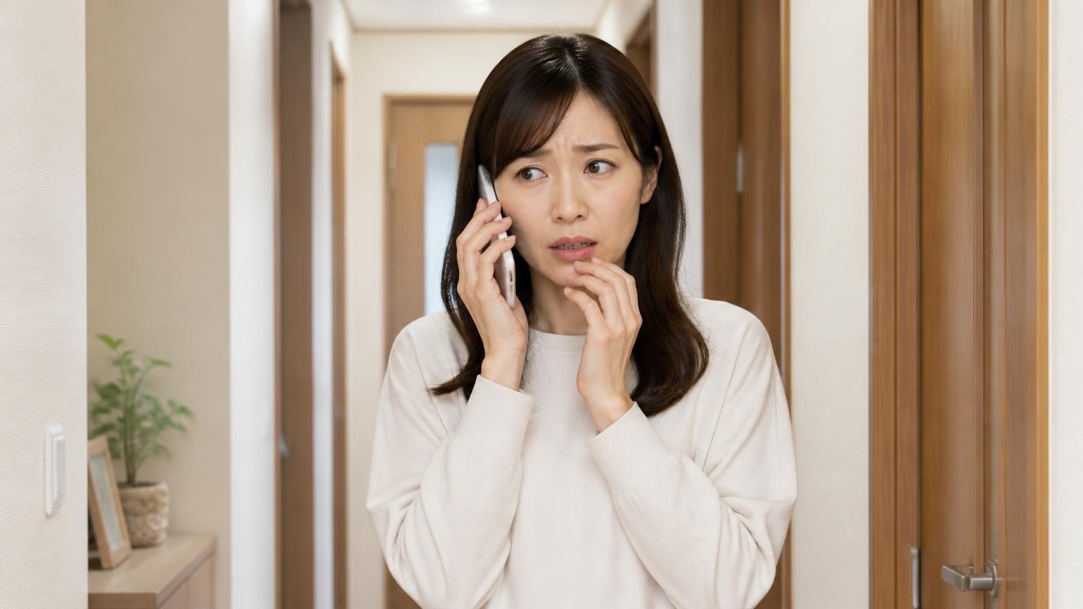 電話対応への不安 自宅の廊下で女性1人がスマホを耳に当て困った表情