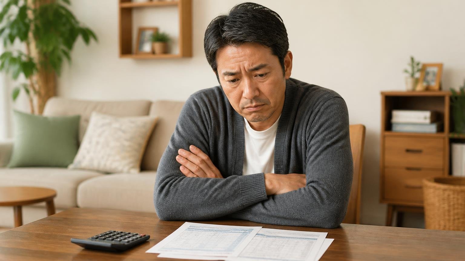 料金に触れた口コミは3件のみ。リビングの机で見積書と電卓を前に腕を組む40代男性が渋い表情