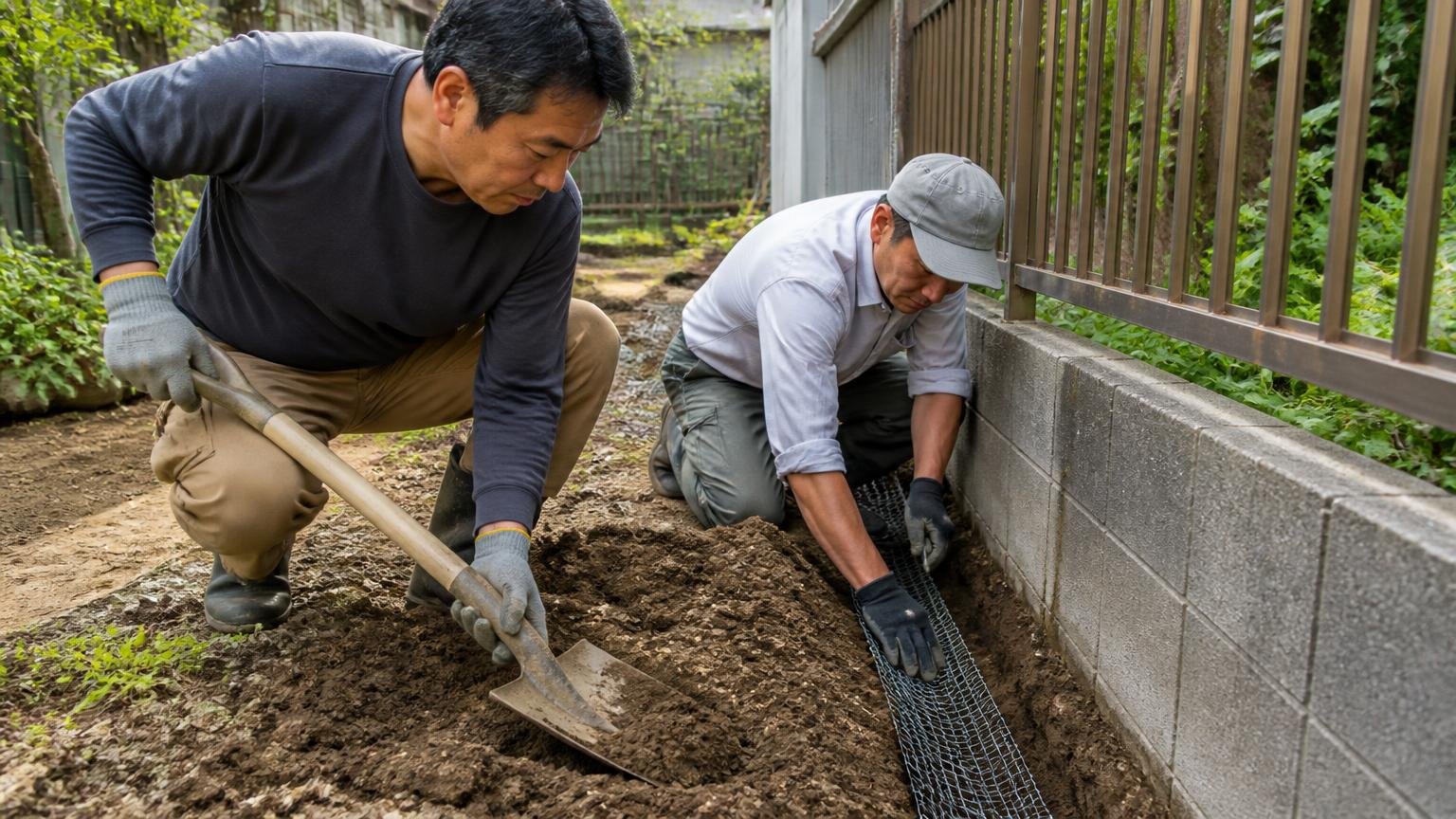 金網やトタンを埋めてモグラの侵入を防ぐ方法|庭の境界で土を掘り金網を埋める作業者2人