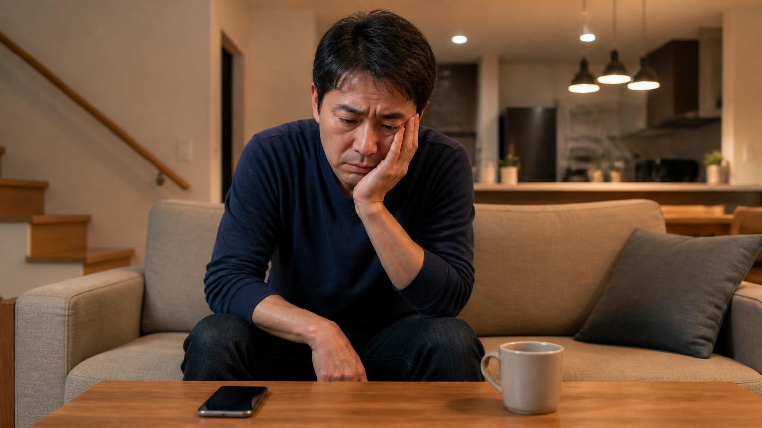 口コミの数が足りない現実。夜の戸建てのリビングで40代男性が1人、スマホを置いてため息をつく