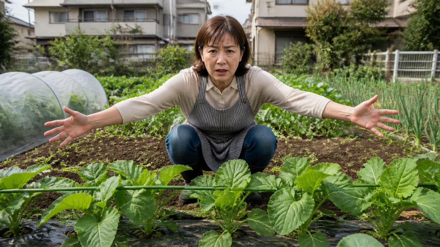 家庭菜園・畑がある人はまける場所が限られる 野菜の畝の前 女性1人 苗を守るように手を広げる