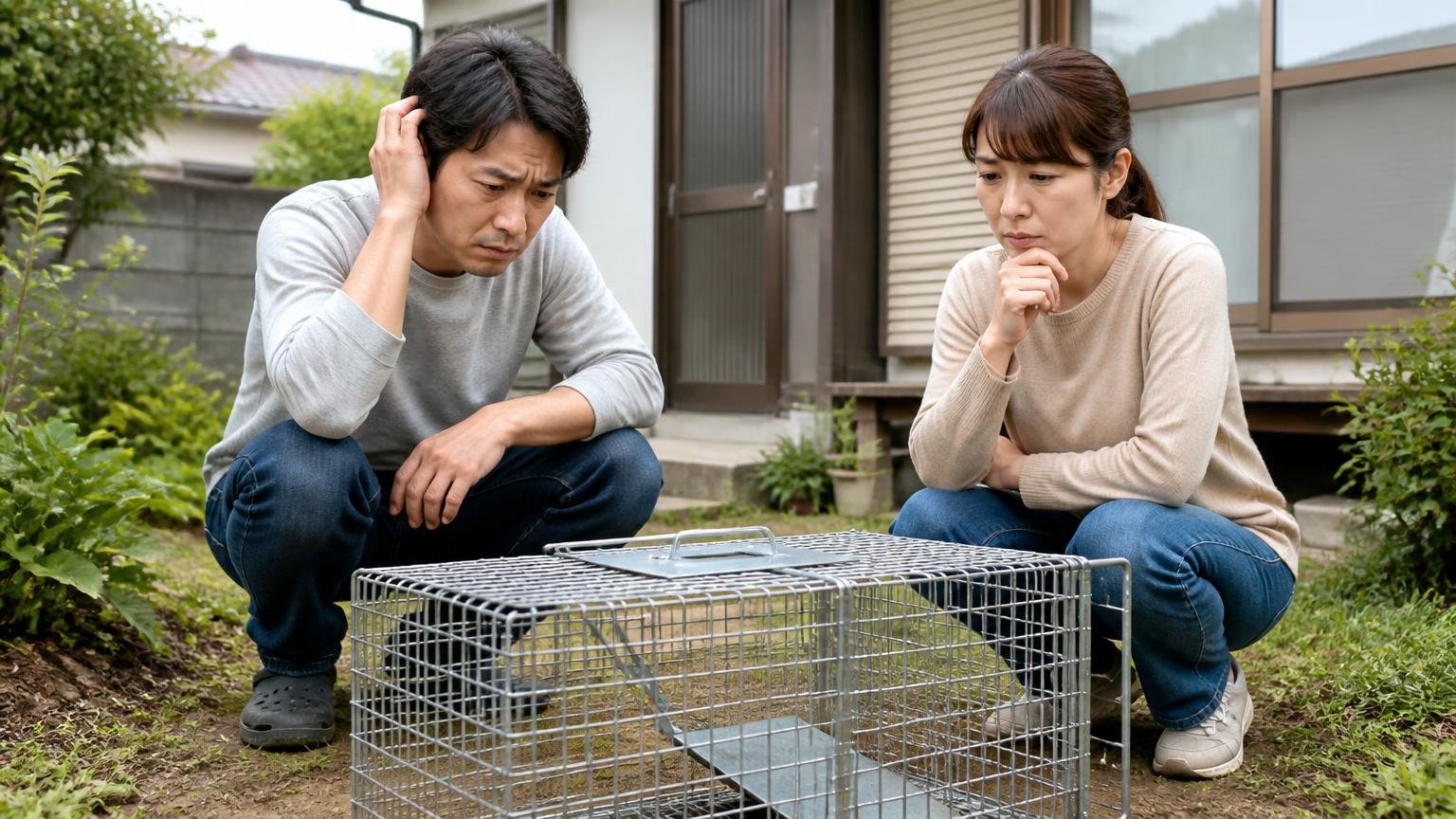 自分で罠を仕掛けるのは法律に触れる 木造戸建ての庭先 住人2人が箱わなを前に困った表情で話し合う