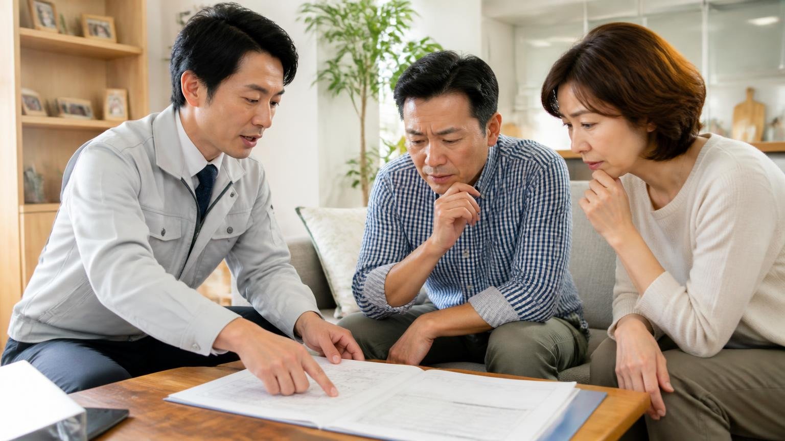 料金の内訳を確認する。住宅のリビングで作業員1人が住人夫婦2人に見積書を広げて説明する