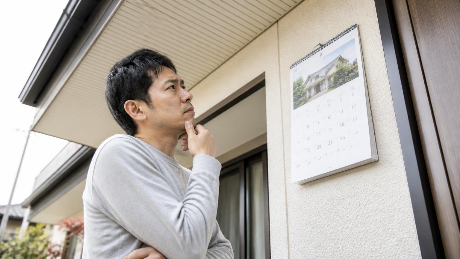 時期を選ぶ 住宅の軒下を見上げてカレンダーを確認する住人1人 考え込む表情